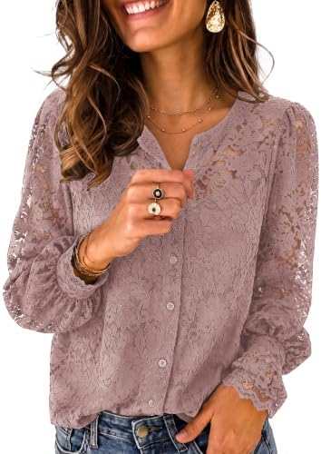 Zeagoo Long Sleeve Shirts for Women Lace Top Button Up Blouse Dressy Casual