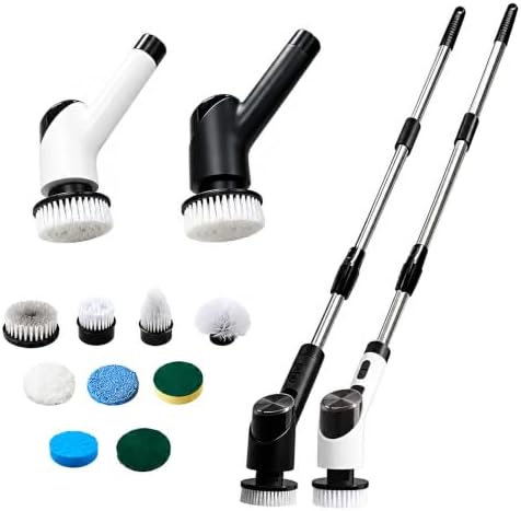Electric Spin Scrubber for Bathroom, Cordless Power Scrubber with Extendable Handle, 3 Speeds, Digital Display and 8 Brush Heads for Shower, Bathtub, Tile, Grout, Floor and Kitchen, White