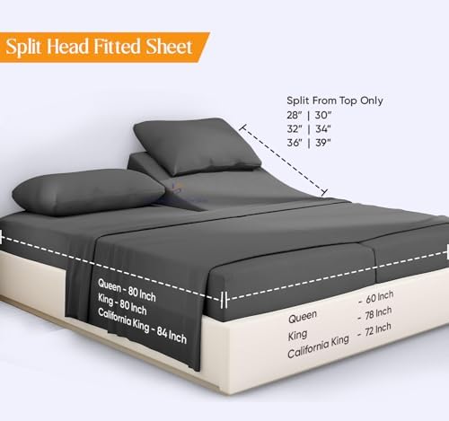 JS Sanders Collection 600TC Flex Top Queen Sheets for Sleep Number Bed - 100% Cotton 4 Pcs Top Split Queen Sheets for Adjustable Bed Queen 30 Inch Down Dark Grey -18 Inch Deep