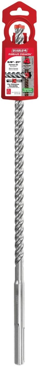 Diablo Rebar Demon SDS-Max 4-Cutter Full Carbide Head Hammer Drill Bit with Tri-Metal Fusion Welding - 5/8" Diameter, 21" Length, 16" Working Length - DMAMX1100