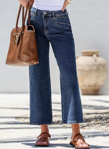 Sidefeel Women's Straight Leg Jeans High Waisted Stretchy Jeans Zimbaplatinum Wide Leg Ankle Denim Pants with Pockets