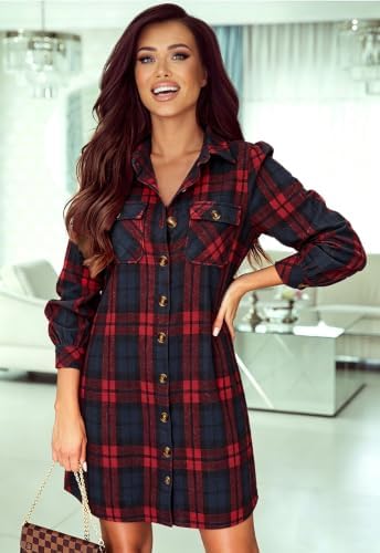 Alaster Queen Women's Corduroy Long Sleeve Button Work Tunic Short Dresses