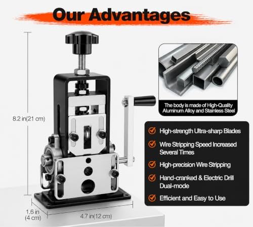 Manual Wire Stripping Machine, Drill Powered Wire Stripper Tool for 1.5-25mm Copper Cable, Tungsten Steel Blade Wire Peeler Machine, Hand Crank Scrap Wire Recycling Tool, ZT-001