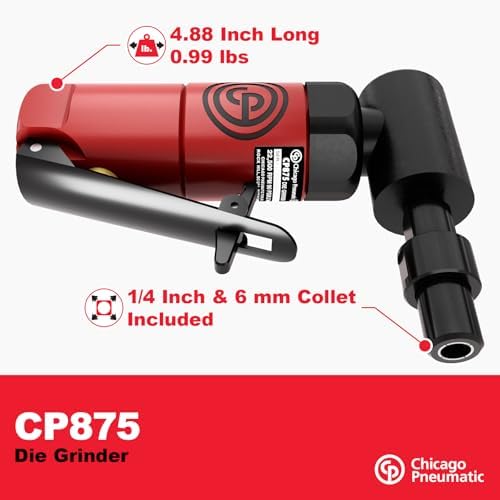 Chicago Pneumatic CP875 Kit - Air Die Grinder Tool, Welder, Woodworking, Automotive Car Detailing, Stainless Steel Polisher, Heavy Duty, Right Angle Grinder, 1/4 Inch (6 mm), 0.3 HP/ 220W - 22500 RPM