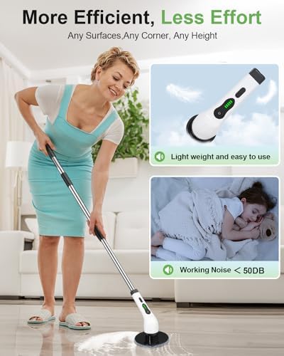 Electric Spin Scrubber, Cordless Cleaning Brush, Shower Scrubber with 8 Brush Heads 2H Power Dual Speed, Adjustable Extension Handle, IPX7 Waterproof for Tub Tile Car Floor Polishers, PA-25.