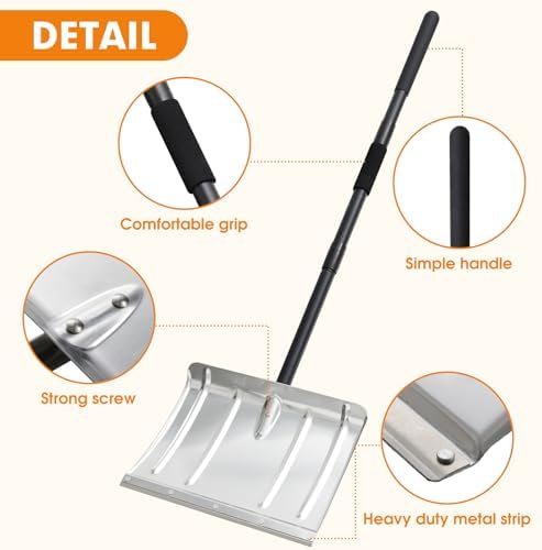 Snow Shovel, Aluminum Portable Snow Pusher Shovel Heavy Duty Metal Snow Shovel for Driveway Car Home Garage