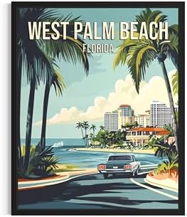 West Palm Beach Florida Black Framed Wall Art Print Poster, US Vintage Retro Beach Scenery Posters Prints for Restroom Home Picture Painting Artwork Gallery 219 (West Palm Beach Florida, 24"L x 18"W, Black Frame)