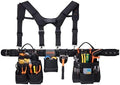 VEVOR Tool Belt, 19 Pockets Tool Pouch with Suspenders for Men, Heavy Duty Adjustable Utility Belt Work Bag Detachable Suspension Rig for Electrician, Carpenter, Construction, Adjust Waist 31 to 51in