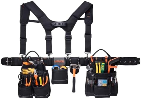 VEVOR Tool Belt, 19 Pockets Tool Pouch with Suspenders for Men, Heavy Duty Adjustable Utility Belt Work Bag Detachable Suspension Rig for Electrician, Carpenter, Construction, Adjust Waist 31 to 51in