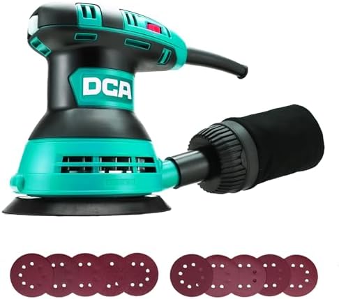 DCA Random Orbital Sander, 3.0 AMP Corded Palm Sander, 6 Speeds Max 12,000 OPM, 5-Inch with 10 pcs Sandpapers, Dust Bag, Low Vibration for Woodworking, Decoration Furniture (ASA125)