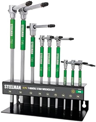 Steelman 9-Piece Star T-Handle Allen Hex Key Wrench Set, Free Spinning Sleeves, Sliding Handle for Access, Precision Machined Tips, with Storage Tray, for Bicycle, Auto, Moto, Small Engine (42602)