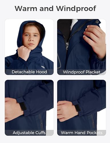 wantdo Boys' 3-in-1 Ski Jacket Fleece-Lined Winter Coat Hooded Raincoat
