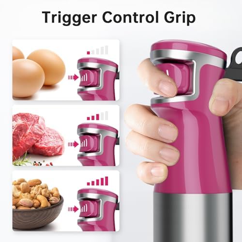 Turelar Immersion Blender Handheld Corded Hand Blenders Set 1100W, Trigger Variable Speed 5 in 1 Stick Emulsifier with Chopper, Whisk and Frother for Soup, Baby Food and Smoothies, Rose Red