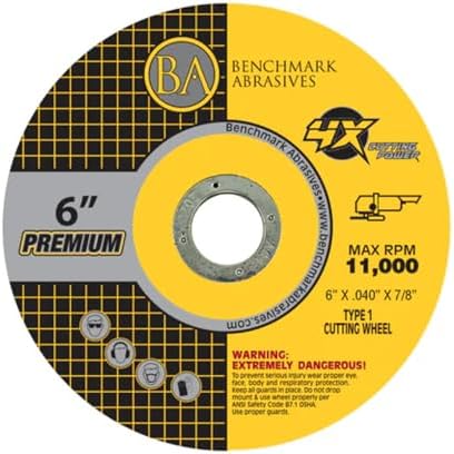 Benchmark Abrasives 6 Inch Ceramic Thin Type 1 Grinder Cut Off Wheels, .040" Thick 7/8" Arbor, for Metal, Stainless Steel, High Performance 4X Cutting Wheels, Angle Grinder Cutting Disc - 25 Count