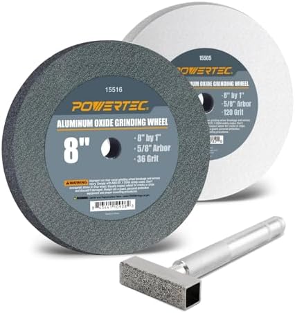 POWERTEC Bench Grinder Wheel + Diamond Wheel Dresser 8 Inch 36 & 120 Grit, Aluminum Oxide Grinding Wheel for Bench Pedestal Grinder, 1" Thick 5/8" Arbor, Sharpening Shaping Blade, Chisel, Drill Bits