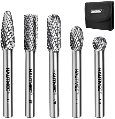 HAUTMEC 5Pcs Tungsten Carbide Rotary Burr Bit YG6, 1/4" Shank Double Cut Die Grinder Bit with Belt Pouch, Low Vibration Precision Rotary File for Metal Grinding, Engraving & Deburring (8MM), HT0455