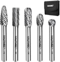 HAUTMEC 5Pcs Tungsten Carbide Rotary Burr Bit YG6, 1/4" Shank Double Cut Die Grinder Bit with Belt Pouch, Low Vibration Precision Rotary File for Metal Grinding, Engraving & Deburring (8MM), HT0455