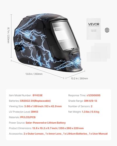 VEVOR Welding Helmet Auto Darkening, 3.66" x 1.69" True Color Welding Hood, Solar Powered Welder Mask 2 Arc Sensors, Shade 4/9-13 for TIG MIG ARC Weld Grinding - CRIUS Series (Blue Lightning Pattern)