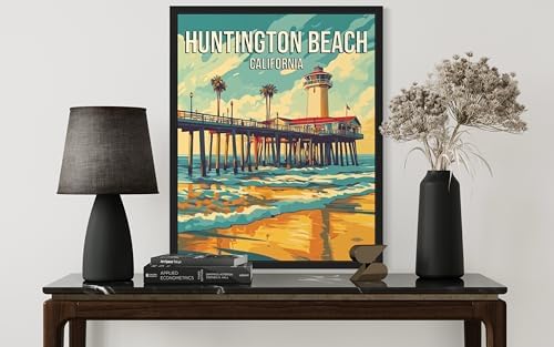 Huntington Beach California Unframed Wall Art Print Poster, US Vintage Retro Beach Scenery Posters Prints for Restroom Home Picture Painting Artwork Gallery 219 (Huntington Beach California, 24"L x 18"W, Unframed)