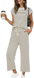WIHOLL Two Piece Sets for Women Summer Spring Travel Vacation Outfits Cap Sleeve Lounge Matching Sets Wide Leg Pants S-3XL