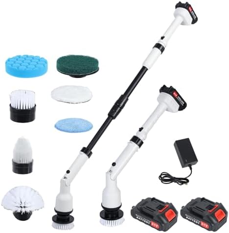 Talent Star Electric Spin Scrubber, 120W Shower Scrubber Cordless Cleaning Brush with 2 Batteries & 1 Charger, 4 Replacement Brush Heads, Telescopic Rod Electric Scrubber for Bathroom Tub Tile Floor