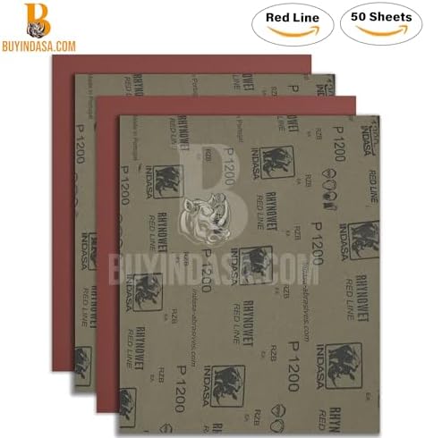 Indasa 50 PCS Redline Full Sheets 9"x11" Wet & Dry Sanding Sheets Series 6 – Rhynowet – 1500-Grit – Waterproof Latex Backing, Silicon Carbide