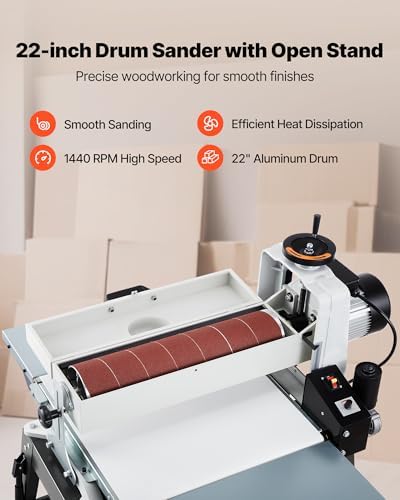 VEVOR 22" Drum Sander with Stand & Extension Tables, 1.75HP 1440RPM Dual Motor Drum Sander for Woodworking - Variable Speed Conveyor Belt, 4" Dust Collection Port for Cabinet & Furniture Finishing