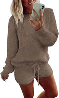 Ekouaer Fuzzy Fleece Pajamas 2 Piece Warm Soft Lounge Set Long Sleeve Sweater Top and Shorts Loungewear Outfits Sweatsuits