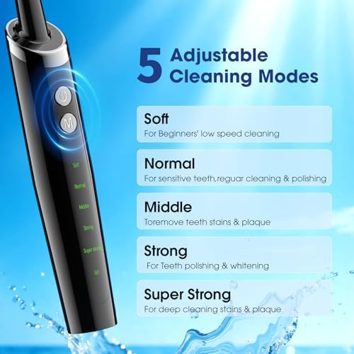 Tooth Polisher Plaque Remover for Teeth, Whitening Kit with 10 Brush Heads & 6 Polishing Pastes, 5 Smart Modes to Effectively Remove Stains, Yellowing and Plaque, Rechargeable, Black