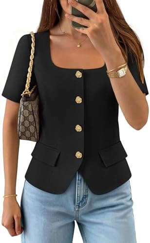 ZESICA Womens Summer Vest Top Short Sleeve Blouse Suit Blazer Work Outfits