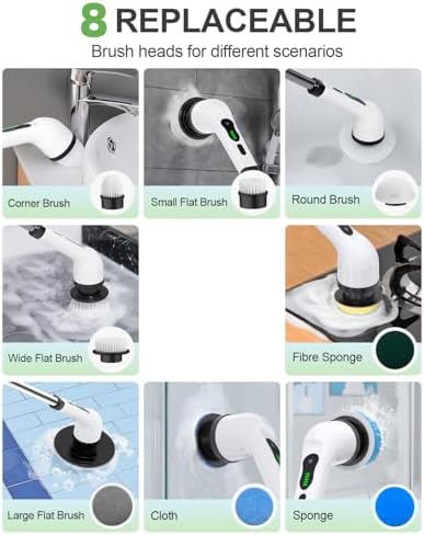 Electric Spin Scrubber, Cordless Cleaning Brush, Shower Scrubber with 8 Brush Heads 2H Power Dual Speed, Adjustable Extension Handle, IPX7 Waterproof for Tub Tile Car Floor Polishers, PA-25.