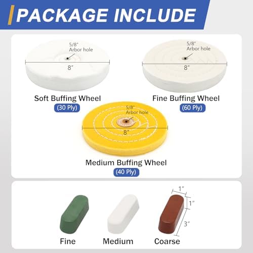 SCOTTCHEN 8inch Buffing Polishing Wheels 5/8" Arbor Hole,Soft/Fine/Medium for Bench Grinder-3PCS,with Buffing Polishing Cutting Compounds 7.4 Oz.Kit