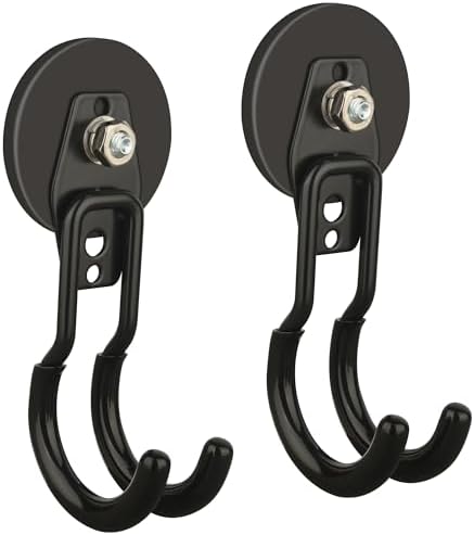 ULIBERMAGNET New Upgraded Garage Magnetic Hooks, 2 Pack Black Heavy Duty Large J Hooks with Magnet, Black Strong Anti-Slip Coating Magnet Hooks for Garden Tools, Ropes,Drill,Metal Cabinet,Pegboard