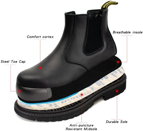 NOLINSHIELD Mens Steel Toe Work Boots Slip On Chelsea Safety Shoes