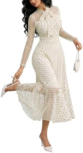 GothDark Polka dot Dress for Women Tie Neck Bow Ruffle Fall Vintage Dress