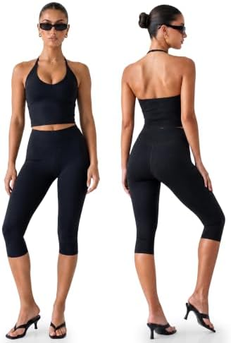 Workout Capri Gym Set for Women - 2 Piece Yoga Set with Leggings Halter Top