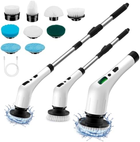 Electric Spin Scrubber, Cordless Cleaning Brush with 9 Replaceable Heads, 90 mins Work time 3 Adjustable Retractable Handle 2 Speeds Power Shower Scrubberr for Cleaning Bathroom,Floor,Tub,Kitchen