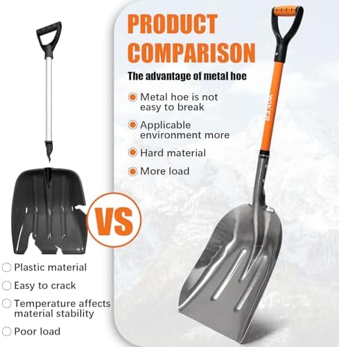 WIKER Aluminum Snow Shovel for Driveway, 45-Inch Large Capacity Blade, 3.5lbs Lightweight with Fiberglass D-Grip Handle, Heavy Duty Metal Snow Removal Tool for Home and Garden