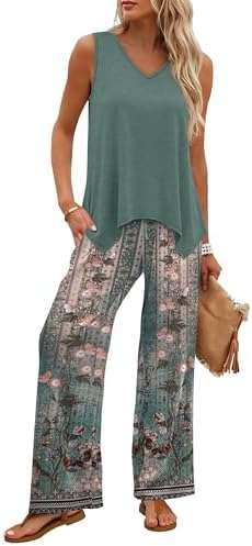 WIHOLL Two Piece Sets for Women Dressy Lounge Sets Summer Outfits Cruise Travel Beach Vacation Casual Wide Leg Pants Set