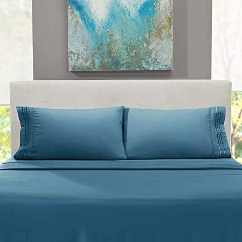 Hearth & Harbor Twin Size Sheets - 3 Piece Bed Sheet Set, Hotel Luxury Double Brushed Bed Sheets - Extra Soft Bedding Sheets & Pillowcases, Twin, Blue Heaven