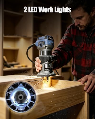 AVID POWER 6.5 Amp 1.25 HP Compact Router Tools for Woodworking, Fixed Base Wood Router with Trim Router Bits, 6 Variable Speeds, Edge Guide, Roller Guide, Dust Hood (Blue, 65mm)