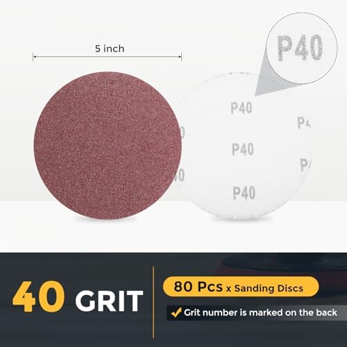 HARFINGTON 80 Pcs 5 Inch Sanding Discs 40 Grit Red Aluminum Oxide