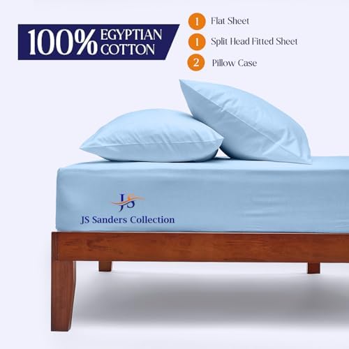 JS Sanders Collection 600TC Flex Top Queen Sheets for Sleep Number Bed - 100% Cotton 4 Pcs Top Split Queen Sheets for Adjustable Bed Queen 32 Inch Down Light Blue -18 Inch Deep