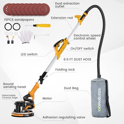 Drywall Sander, 1050W 7.2A Popcorn Ceiling Removal Tool, Automatic Drywall Sander with Vacuum Dust Collector, 7 Variable Speed 1000-2100RPM, 15Pcs Sanding Discs(Yellow)