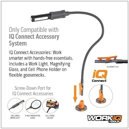 WORK IQ TOOLS IQ Connect | Hands-Free Accessory System with 3 Bench Mounts | Includes Magnifying Glass, Rechargeable Work Light & Cell Phone Holder | Work Bench Accessories Compatible with IQ Vise