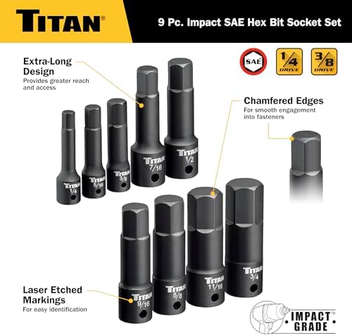Titan 49010 9-Piece Impact SAE Hex Bit Socket Set, Sizes 1/4" thru 3/4", S2 and 6150 Alloy Steel, Extra-long Design for Greater Reach and Access, Metal Storage Rail