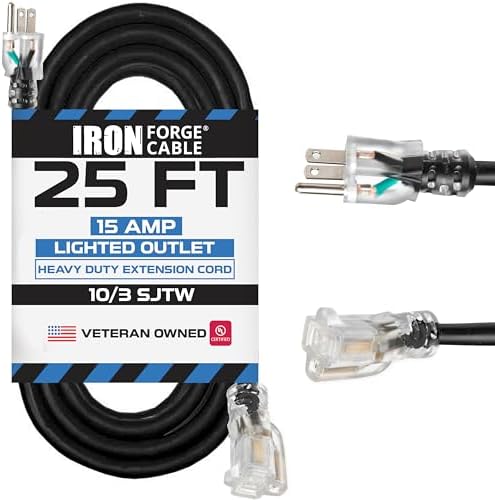 Iron Forge Cable 10 Gauge Extension Cord Heavy Duty, 25 Ft - Black SJTW