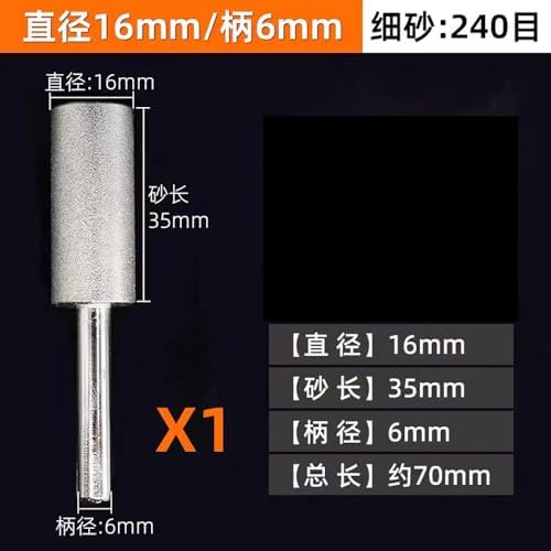 6-40mm Diamond Grinding Wheel Cylinder Shape, 240 Grit Mounted Points for Lapidary Glass Stone Carving, 6-8mm Shank Rotary Accessories (1 PC)(16mm)