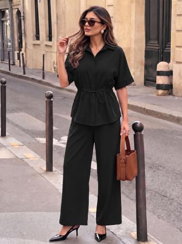 Two Piece Sets for Women Dressy Shirt Top Flared Pants Business Pantsuits