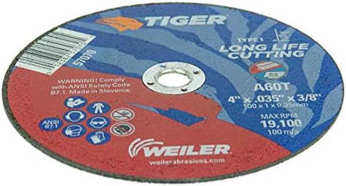 Weiler 57070 4-Inch Cutting Wheel, Tiger AO Steel/Metal Long Life, Performance Cutting, 0.035" A60T Type 1 3/8" Arbor (Pack of 25)